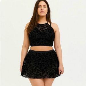 Torrid Black Sheer Leopard flocked Skater Swim Skirt Plus Size 3 attached brief